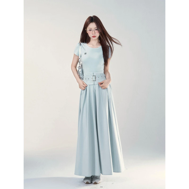 蓝色假两件圆领短袖连衣裙女2025夏季新款收腰显瘦气质系带长裙子