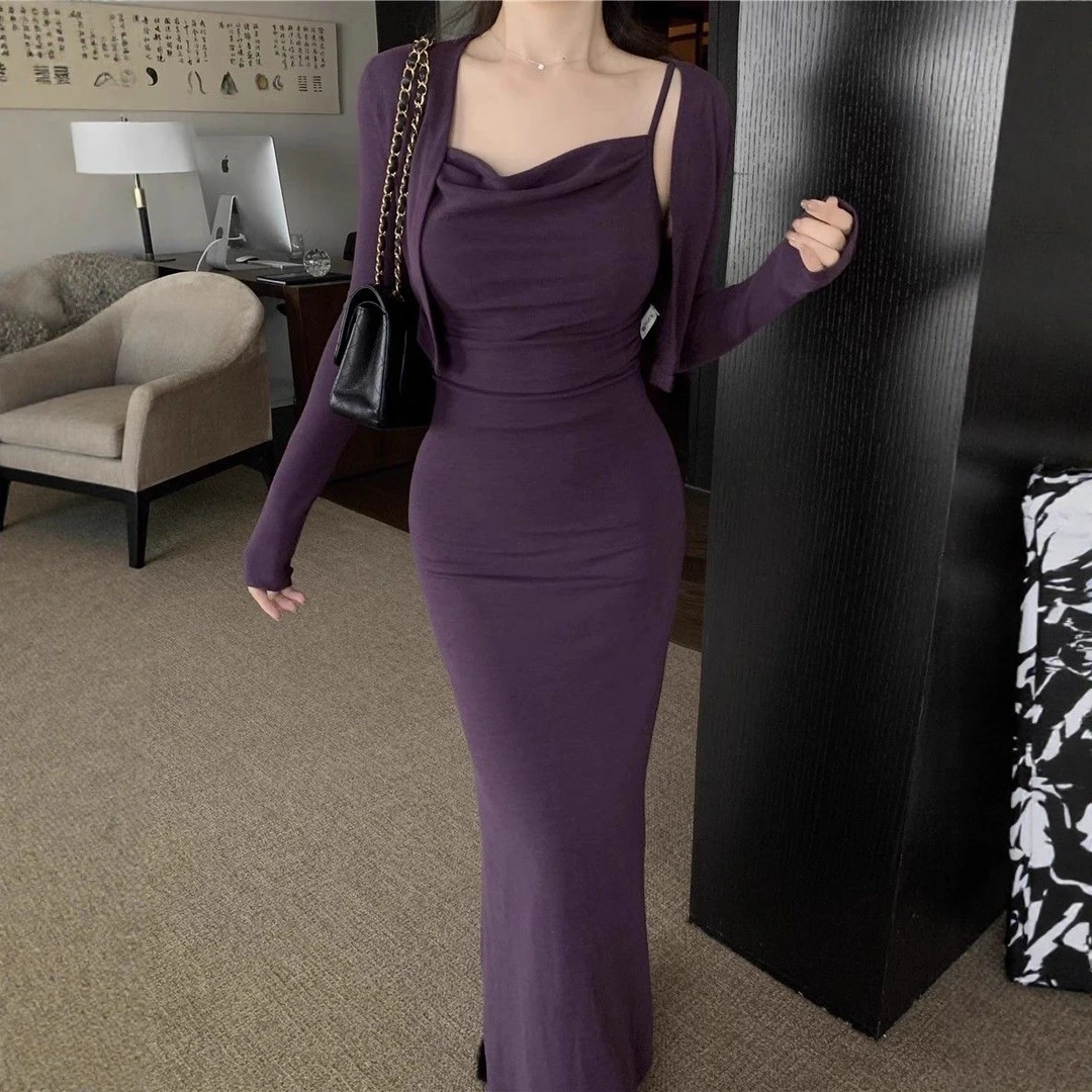 秋季新款纯欲慵懒风荡领吊带连衣裙+时尚气质显瘦长袖开衫两件套