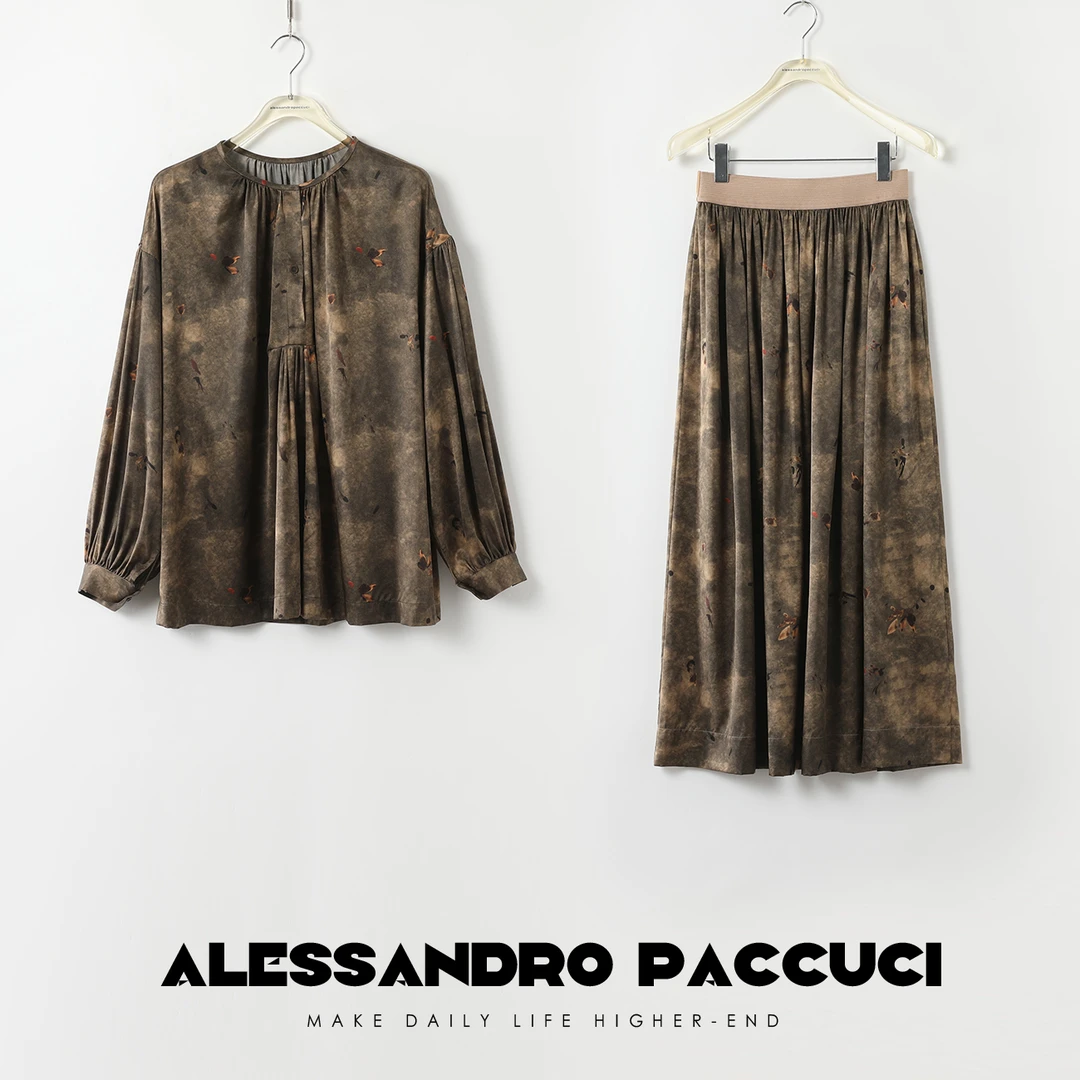 AP洛哥43009UG/43013QB【辛夷花】桑蚕丝做旧打褶半身裙/圆领上衣