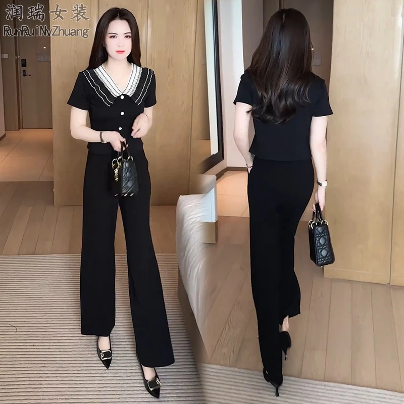 洋气减龄时尚套装女2025夏季新款小个子短袖T恤阔腿裤两件套潮流