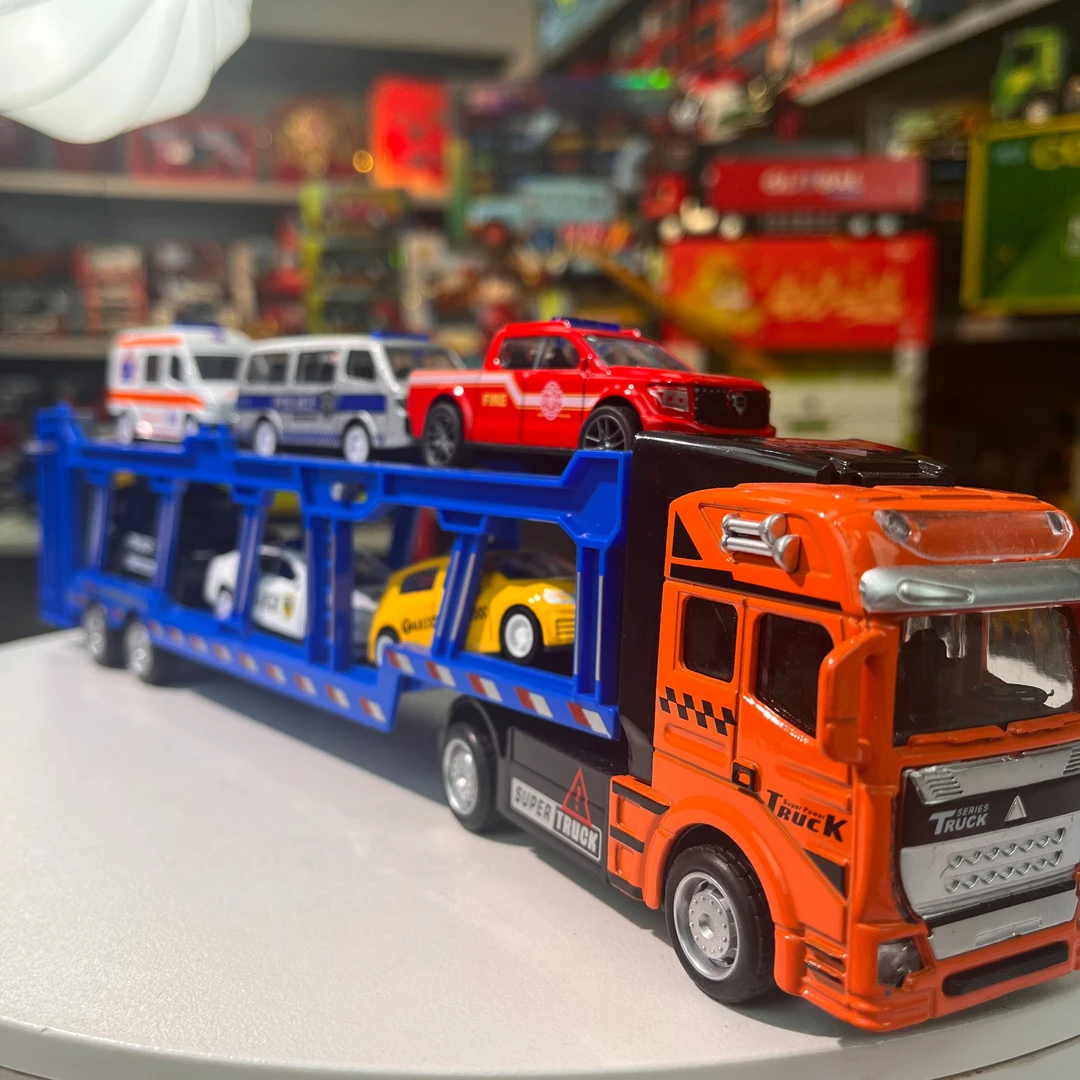 到手七台合金警车大货车卡车双层运输车拖车玩具汽车模型回力