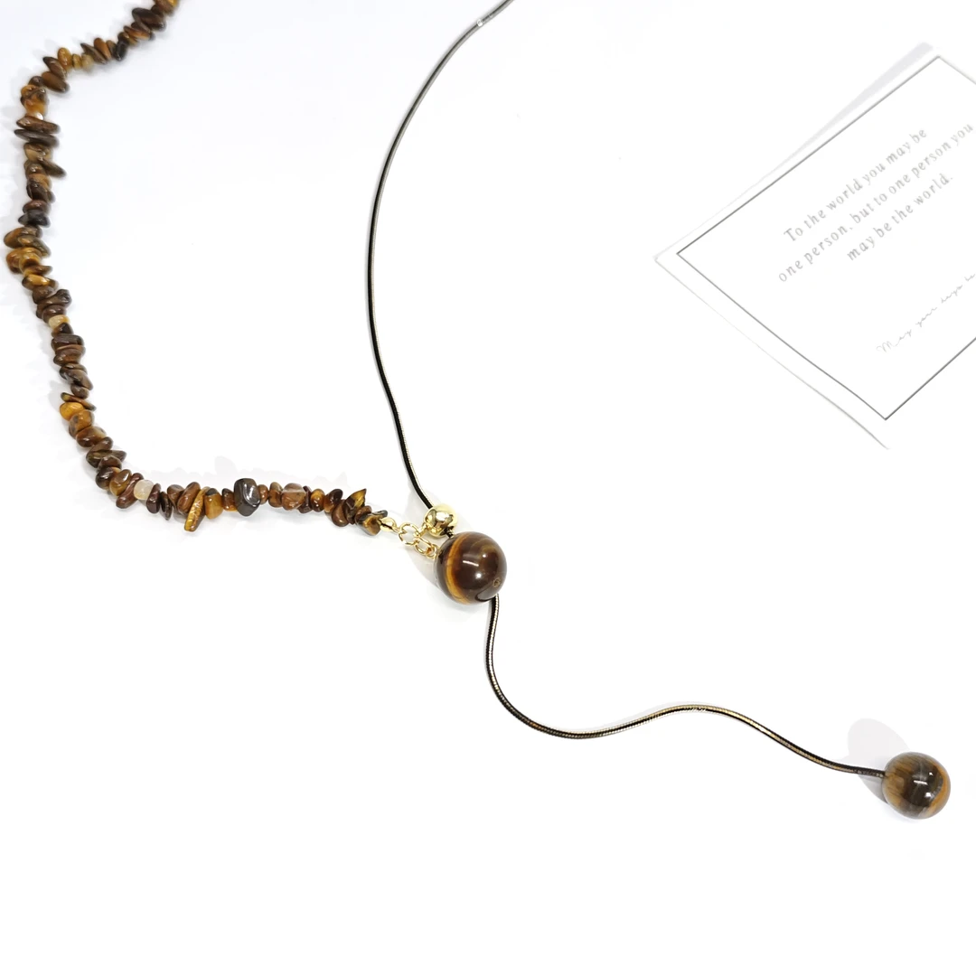 铜合金石英石项链 07349小众设计感串石咖色系可抽拉项链