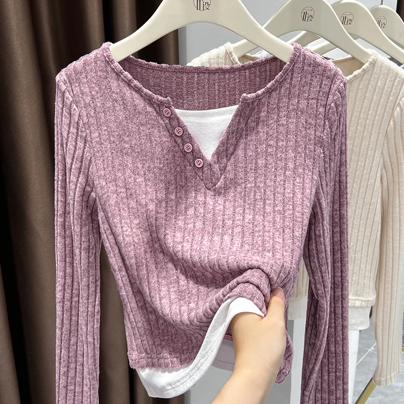 紫撞白假两件坑条针织上衣女爆款2025新款秋冬长袖修身内搭打底衫