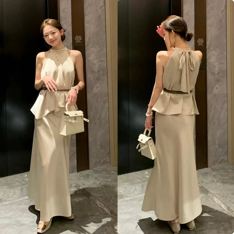 【矜贵佳人】法式高级感无袖挂脖系带气质缎面上衣长半身裙时尚套装