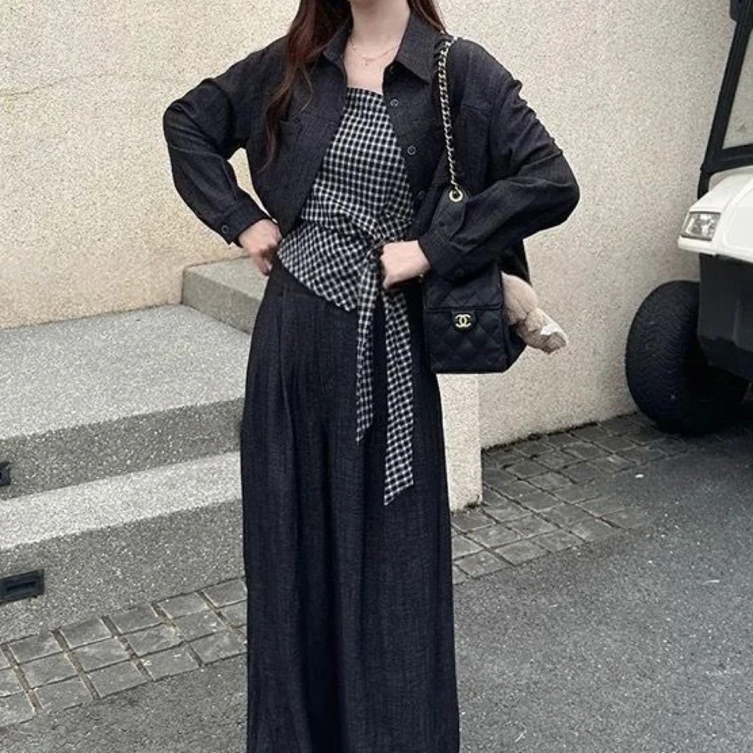 3号链接秋季时尚减龄显瘦长袖衬衫搭配高腰A字半身裙套装女