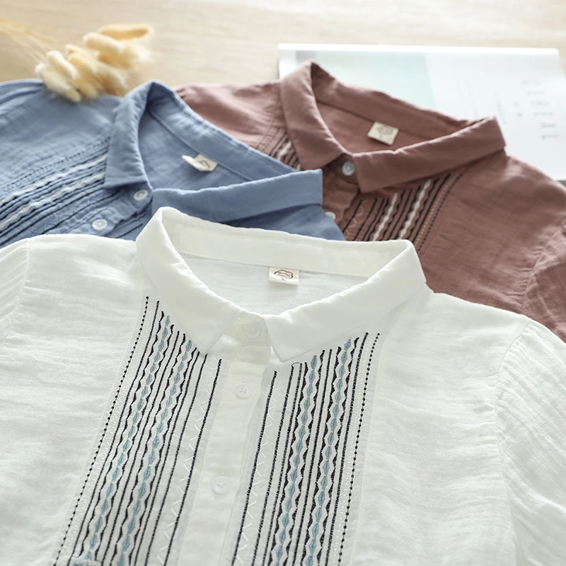 855小个子民族风刺绣 双层棉纱长袖衬衫女宽松百搭柔软女全棉衬衣