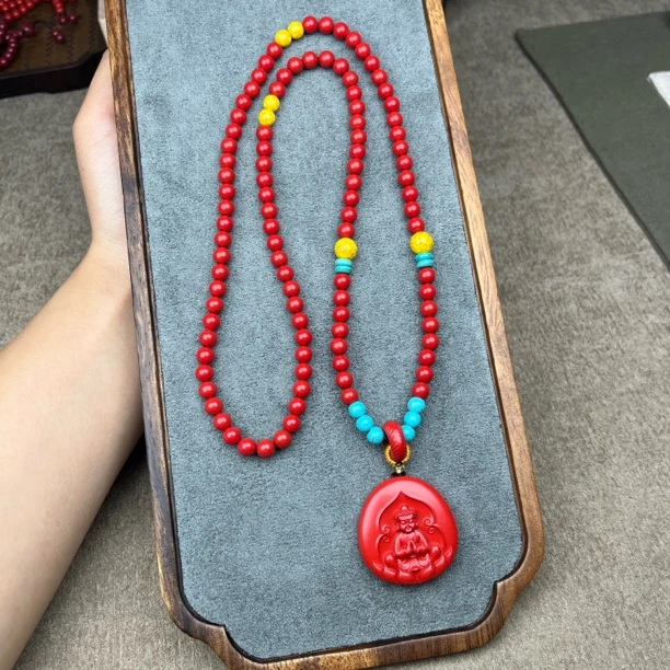 含辰砂工艺品高含量朱砂红砂设计款宝宝佛毛衣链