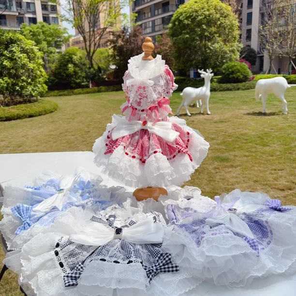 萌宠棉布刺绣格子洛丽塔礼服裙 小熊泡沫宠物服饰原创