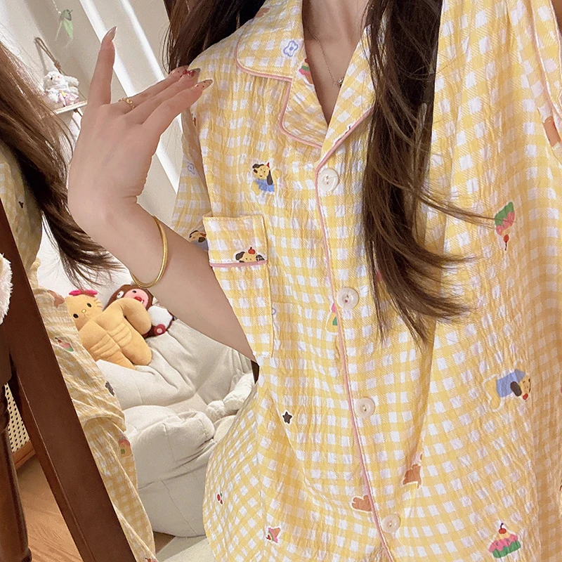 黄格小蛋糕韩版三件套ins睡衣女夏泡泡棉短袖短裤长裤学生家居服