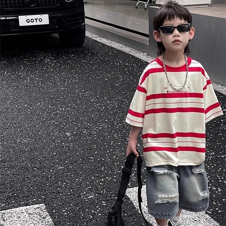 儿童夏季2025新品男童爆款潮t痞帅童装条纹时尚夏装宝宝短袖ins风