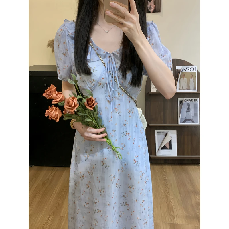 温柔系洋气蓝色碎花娃娃领收腰绑带显瘦气质连衣裙8241#