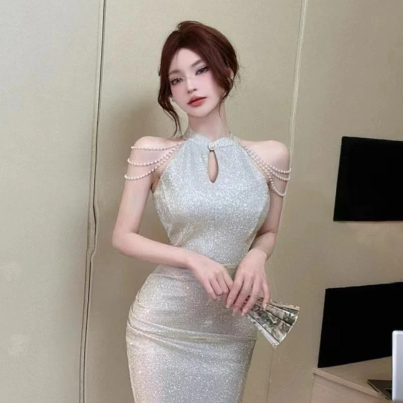 夏季主播衣服上镜高级气质钉珠露肩改良旗袍礼服长裙无袖连衣裙女