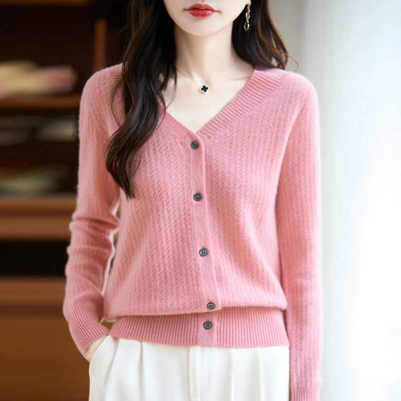 100纯羊毛薄款v领开衫女针织外套宽松百搭羊毛打底衫上衣外塔