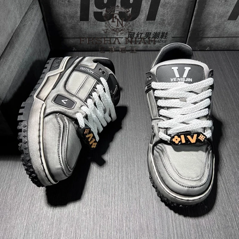 法莎尼亚男士时尚轻奢休闲鞋百搭男款潮流鞋子个性做旧潮流板鞋男