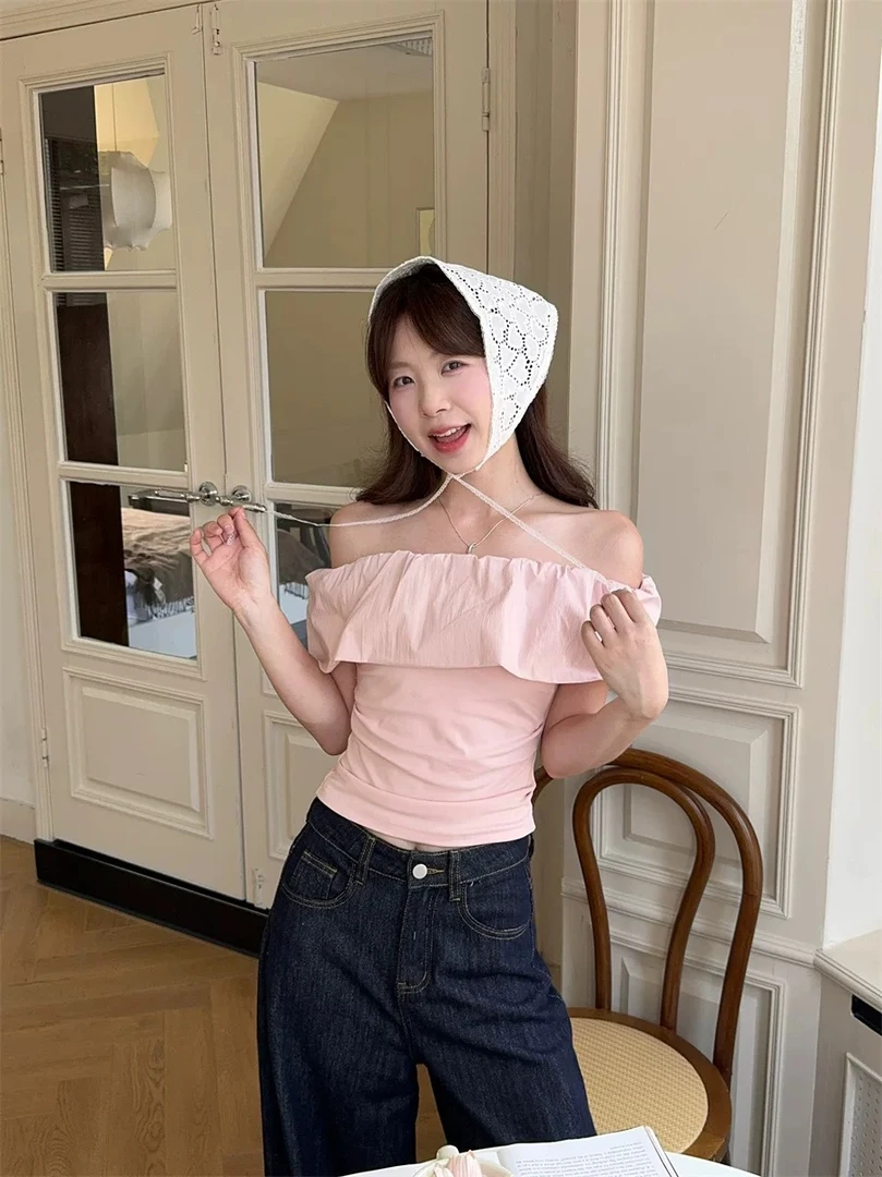 【薯条粉丝专属】荷叶边一字肩露肩短袖T恤女夏25新款修身法式上衣
