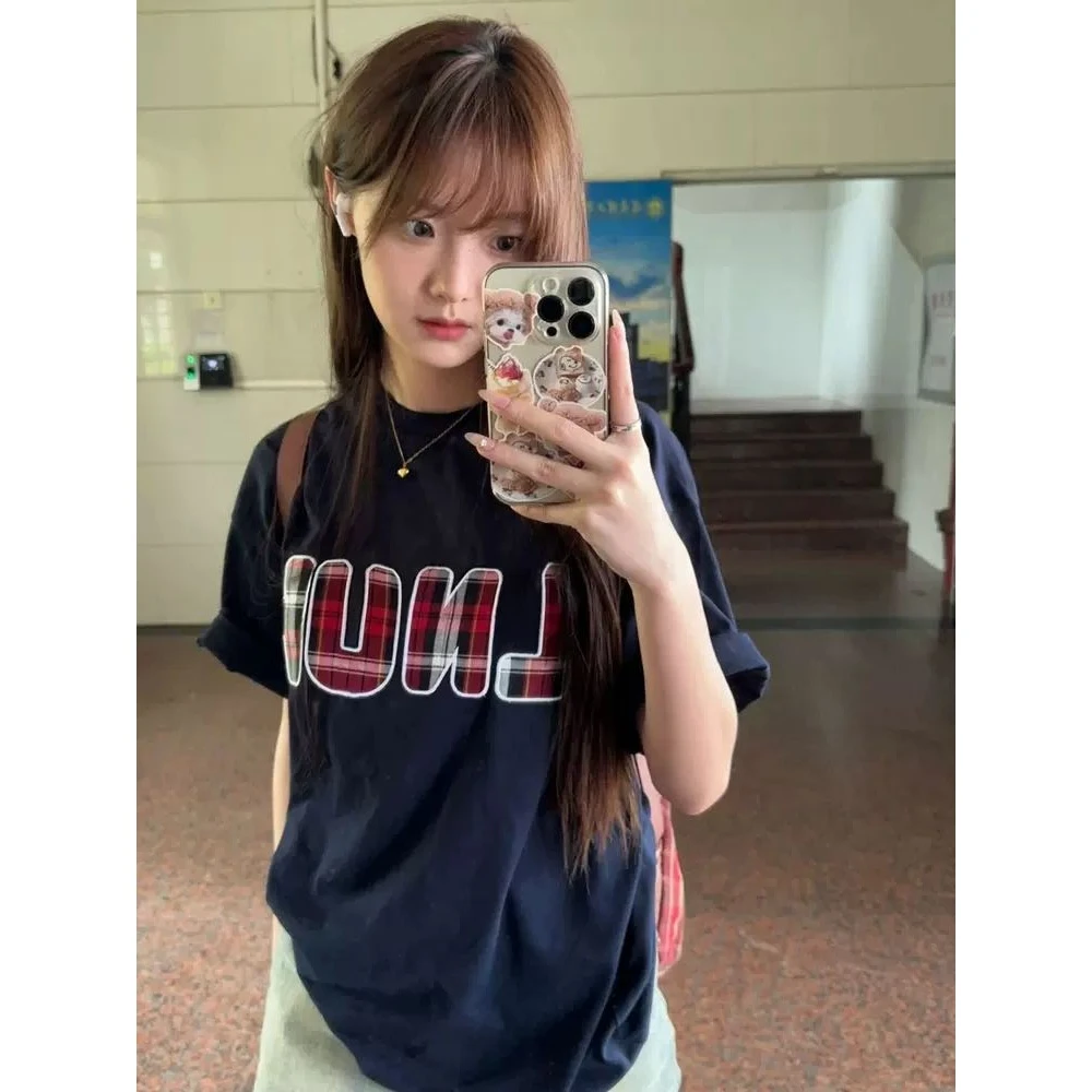 100纯棉短袖t恤复古女2025夏季美式上衣学院风宽松穿搭显瘦显白