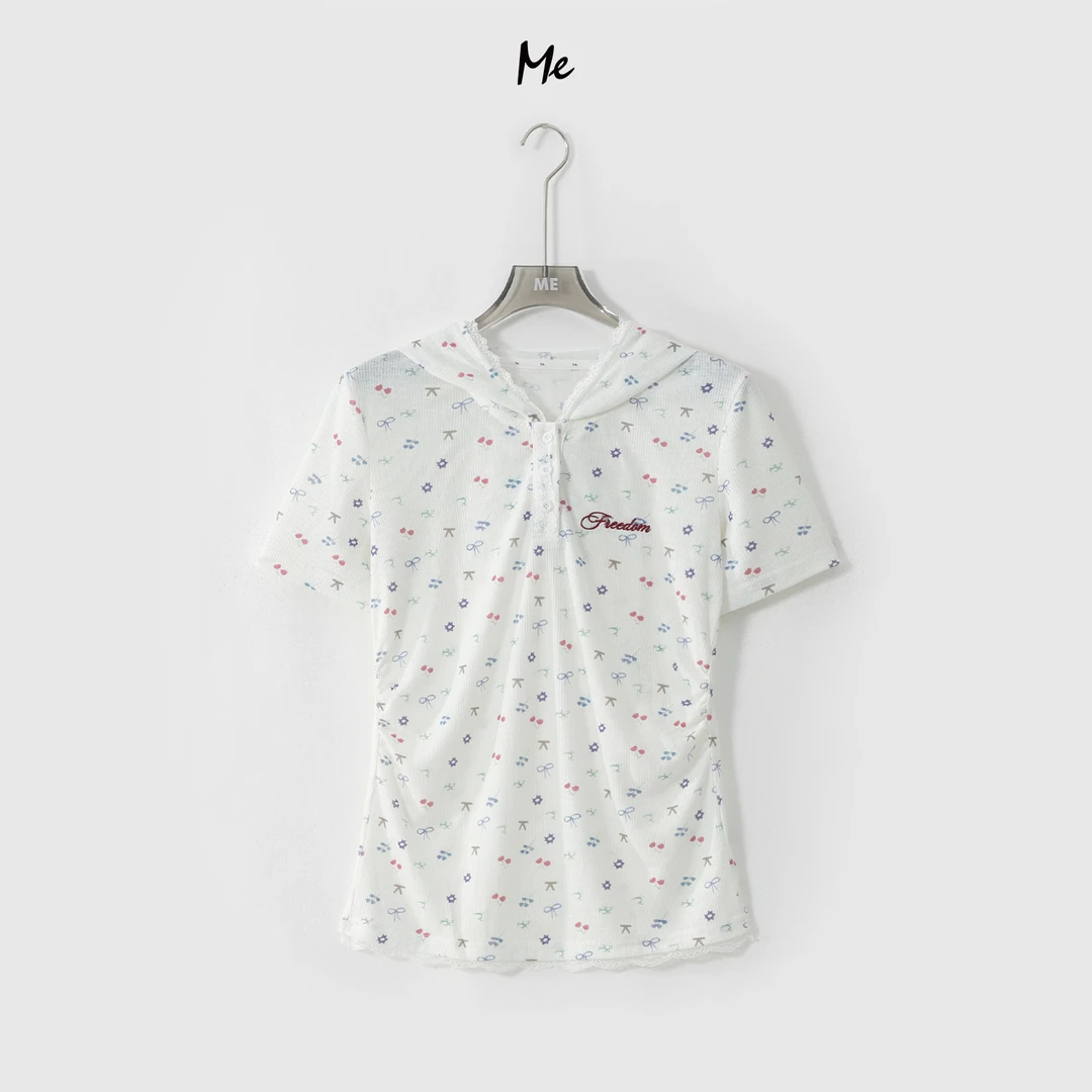 ME【奶糖少女】亚麻混纺Q弹艺术印花显瘦舒适时尚百搭T恤MESS6472