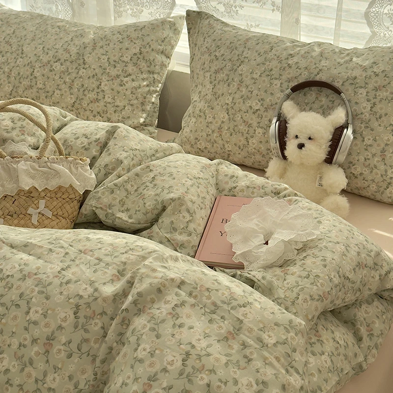 田园小清新浅意双层纱床上四件套纯棉100%全棉宿舍被套床单床笠款