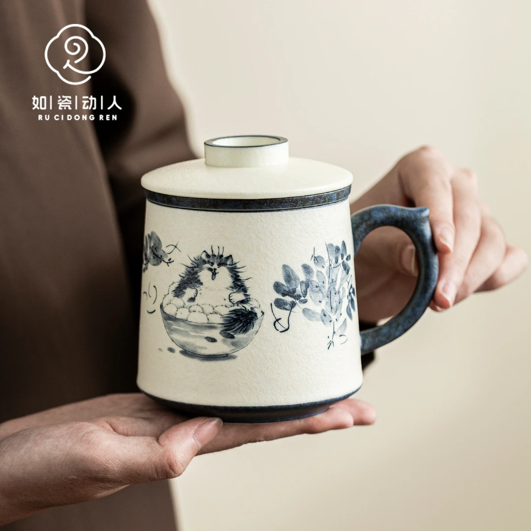 如瓷动人青花陶瓷茶杯茶水分离高档办公室个人专用带盖过滤马克杯