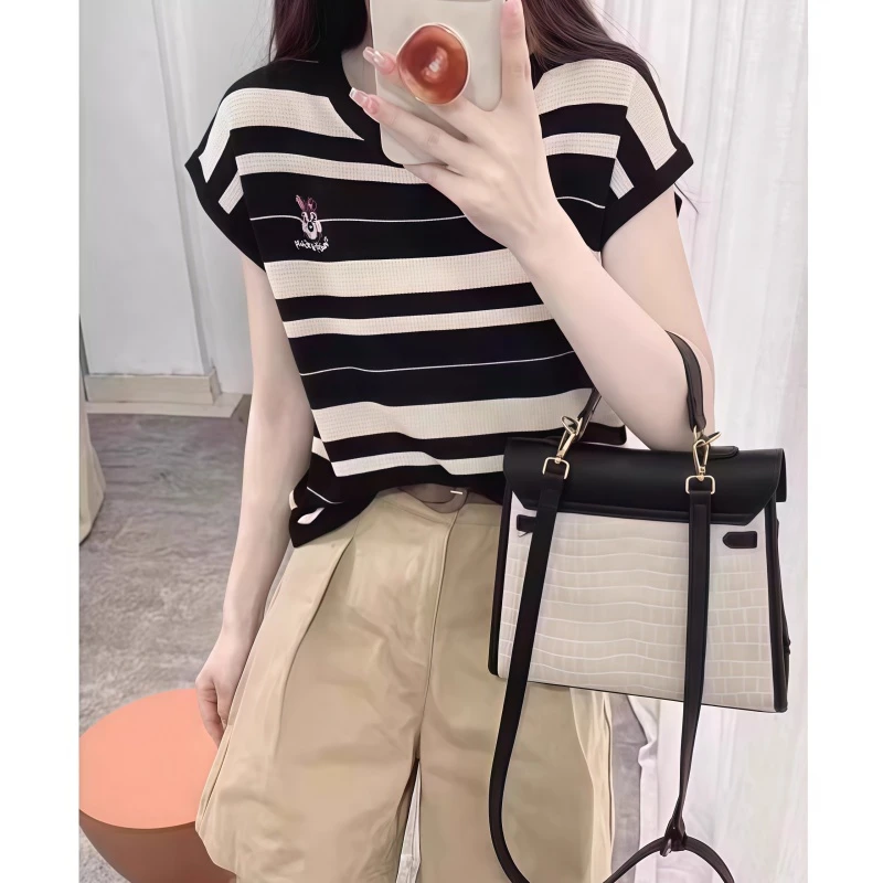韩系撞色卡通条纹短袖针织衫女2025夏季新款时尚休闲减龄针织衫潮