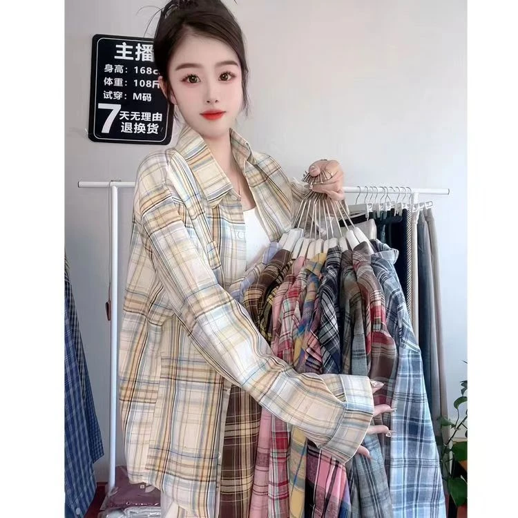 2025春秋季新款格子长袖衬衫翻领复古宽松情侣休闲衬衣男女款潮流