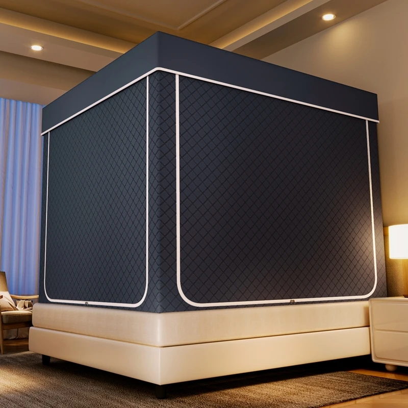 冬天保暖家用卧室加厚夹棉防尘防摔一体式三开门防蚊遮光保暖蚊帐
