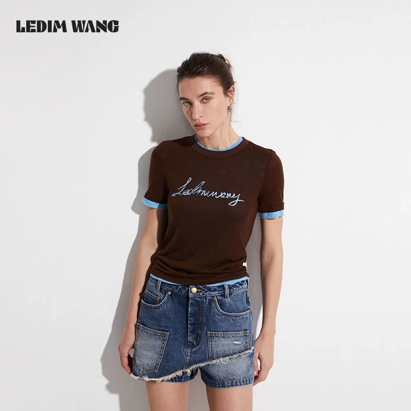 ledim wang撞色假两件T恤女夏复古字母印花短袖圆领上衣简约百搭