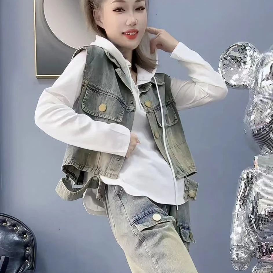 2025秋季爆款牛仔套装女休闲高档时尚宽松显瘦束脚裤马甲两件套潮