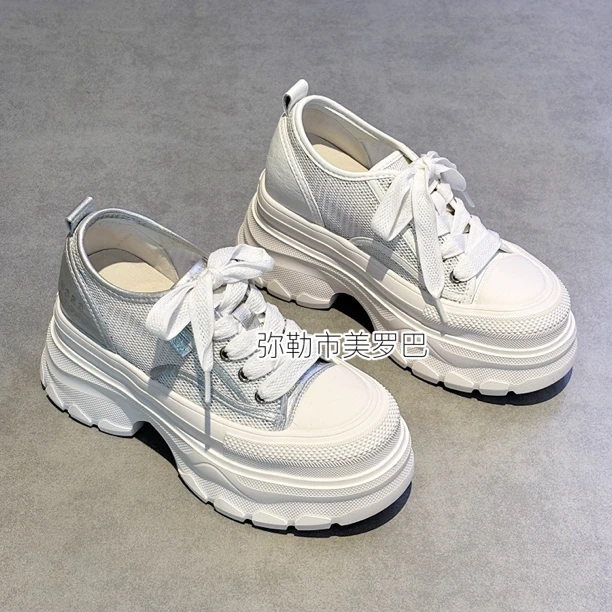 【美罗巴】2025夏季女款厚底内增高网面小白鞋休闲鞋