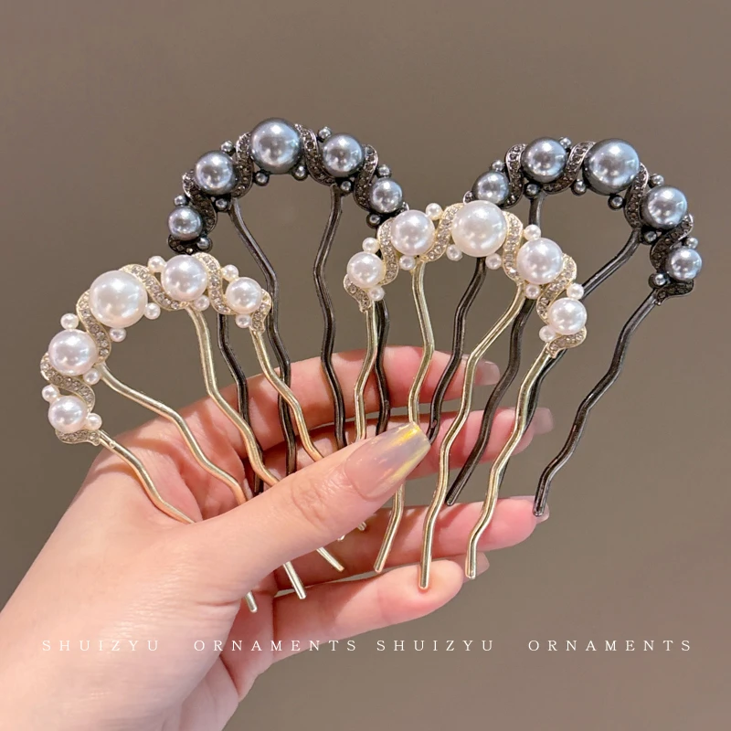 珍珠水钻发梳丸子头盘发固定神器女2025新款四齿插梳发簪簪子发饰