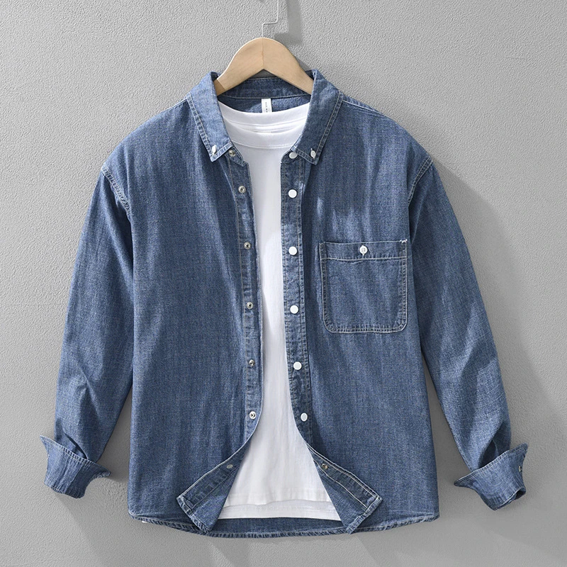日系复古牛仔长袖衬衫男士时尚百搭文艺休闲宽松上衣一件代发