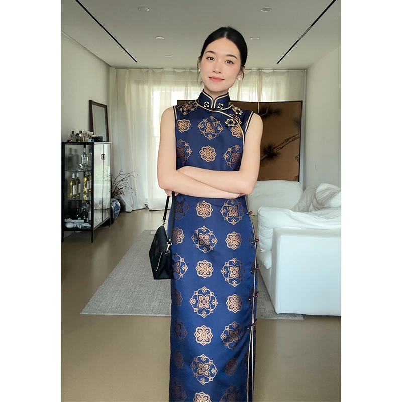 【团纹锦绣】良辰媄锦桑蚕丝宋锦全开襟手工长款旗袍衣长约130CM