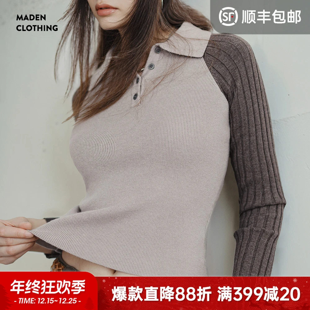 马登雅丹风拼接插肩袖针织衫格雷系修身打底毛衣翻领内搭秋季女