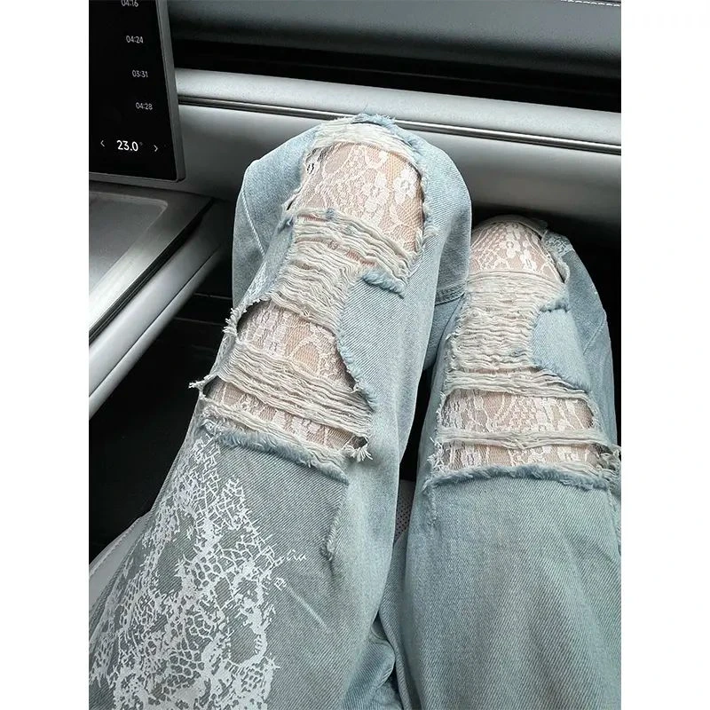 破洞蕾丝阔腿牛仔裤女2025年春夏新款时尚洋气设计感宽松拖地裤子