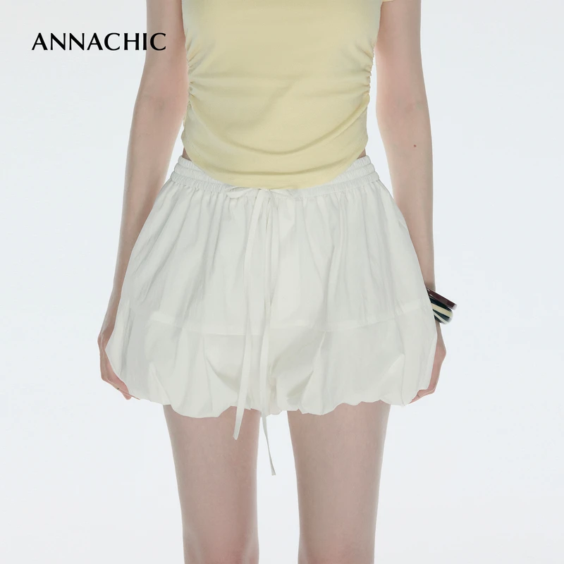 ANNACHIC气质百搭/云白色系带短款裙裤女夏季垂感蓬蓬花苞休闲裤