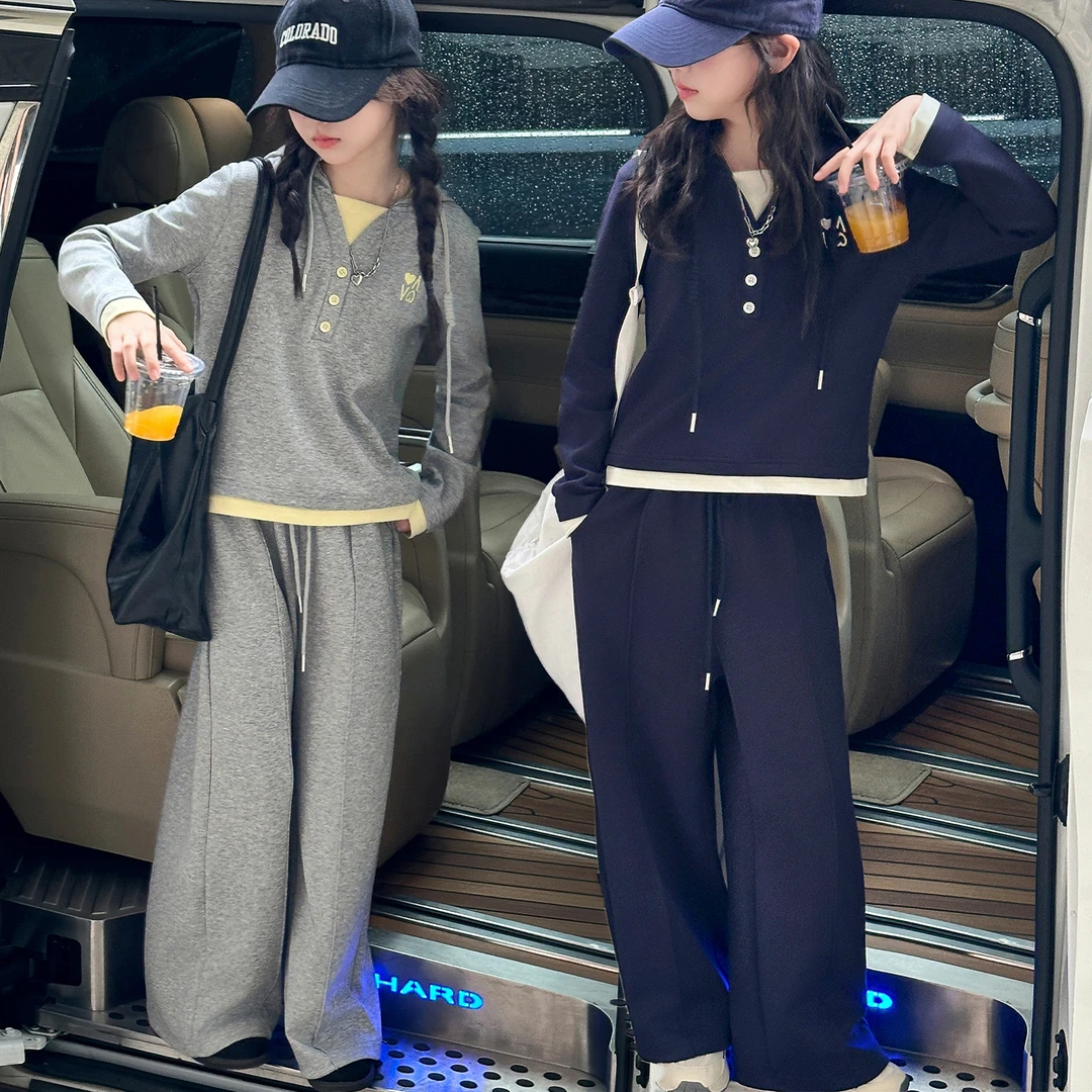 女童套装春秋2025新款洋气儿童休闲阔腿裤大童女孩连帽卫衣两件套
