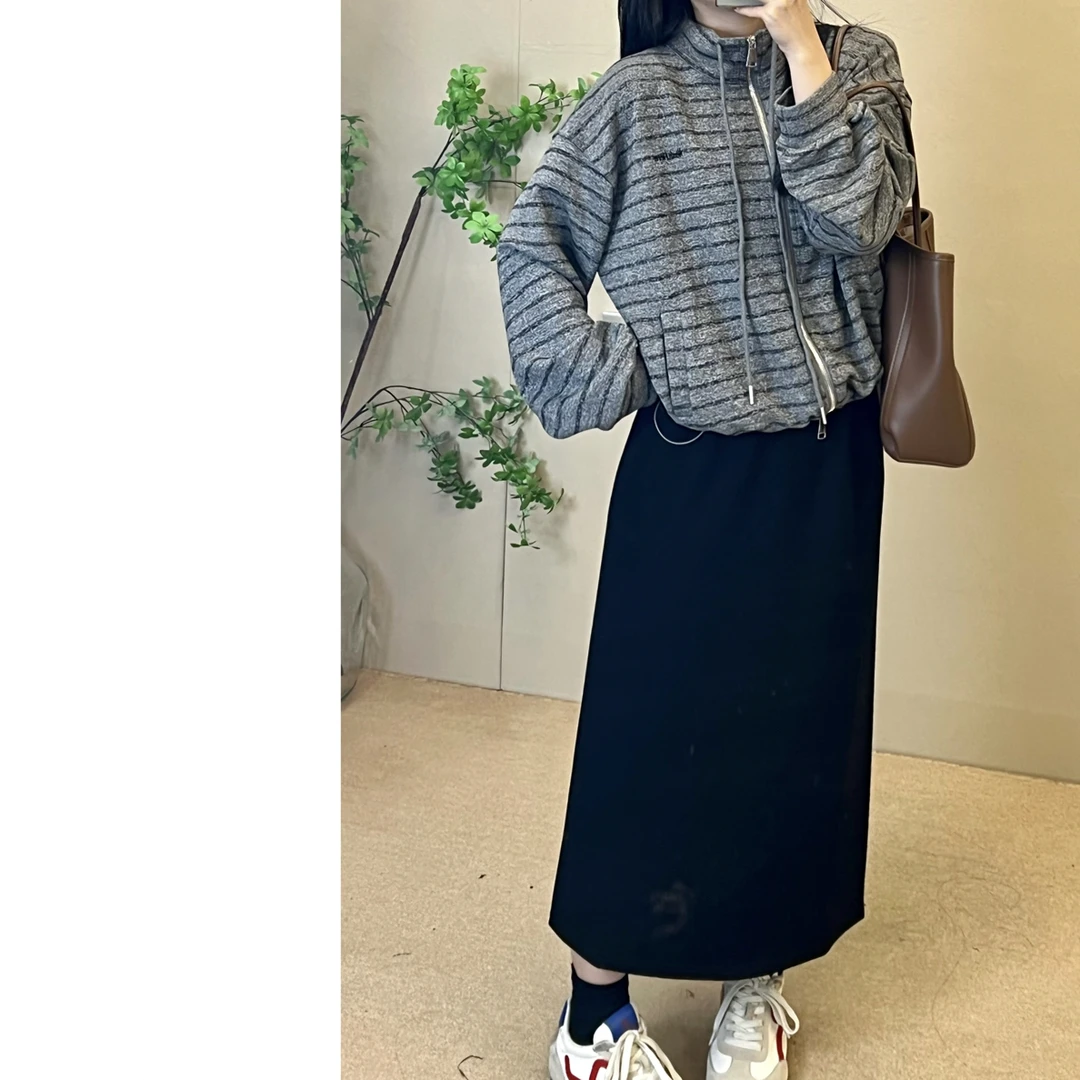 抽绳立领羊绒条纹卫衣外套