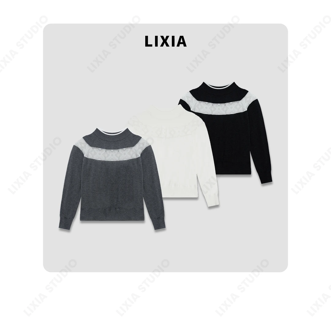LIXIA【列岛】设计感中领轻奢风拼接设计厚款毛衣长袖-A8376