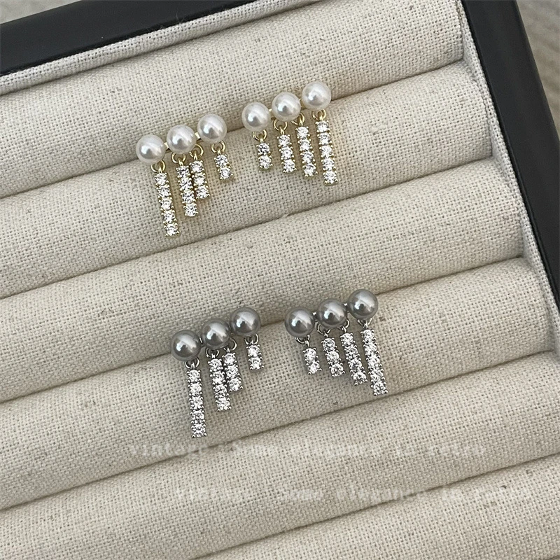 铜合金锆石耳饰 日韩时尚精致耳钉耳环女流苏气质高级感轻奢风银