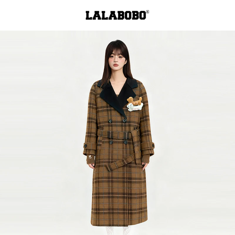 LALABOBO格子女毛呢外套英伦格纹长款大衣复古秋冬RBED-WSDY14
