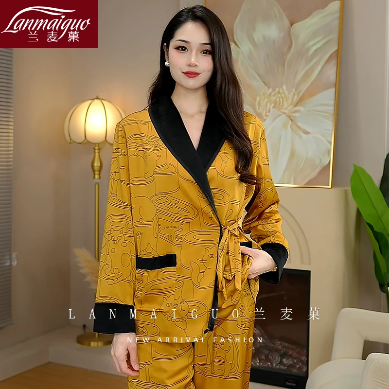 兰麦菓秋冬季加绒睡衣女士套装2025新款系带长袖长裤珊瑚绒家居服