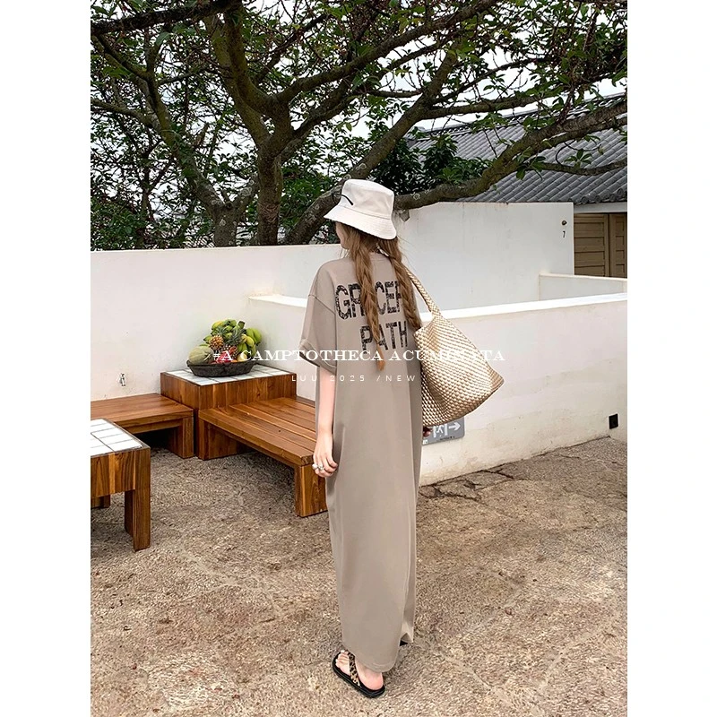 LUU桃喜儿/休闲印花宽松连衣裙女夏短袖长款T恤裙设计感小众裙子