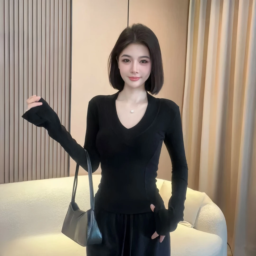 早秋新款双面澳绒长袖T恤纯欲高级感V领修身显瘦内搭上衣女打底衫