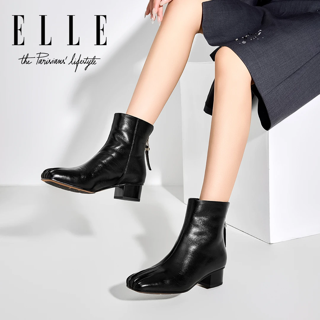 ELLE黑色方头切尔西短靴女2025冬季新款加绒粗跟瘦瘦靴爆款马丁靴