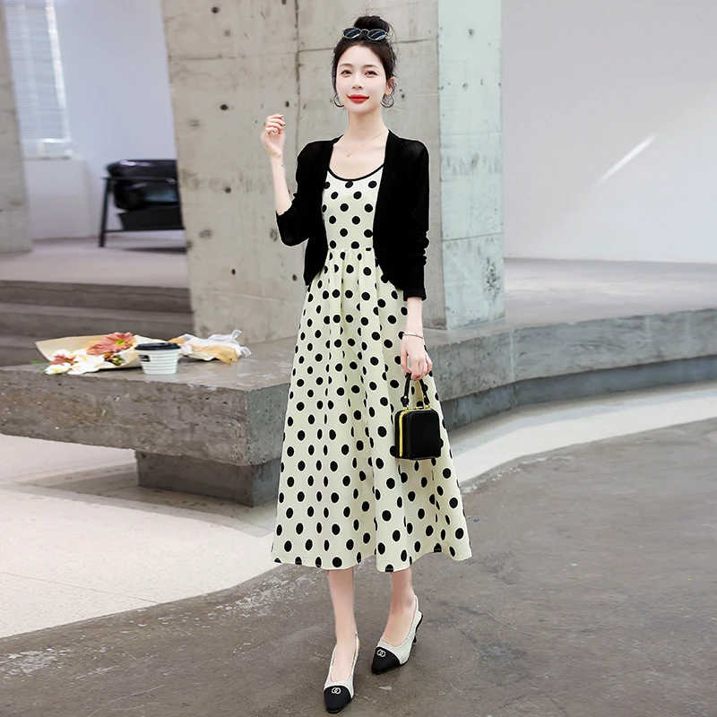 波点吊带连衣裙套装女2025春夏高级感收腰气质长裙防晒开衫两件套
