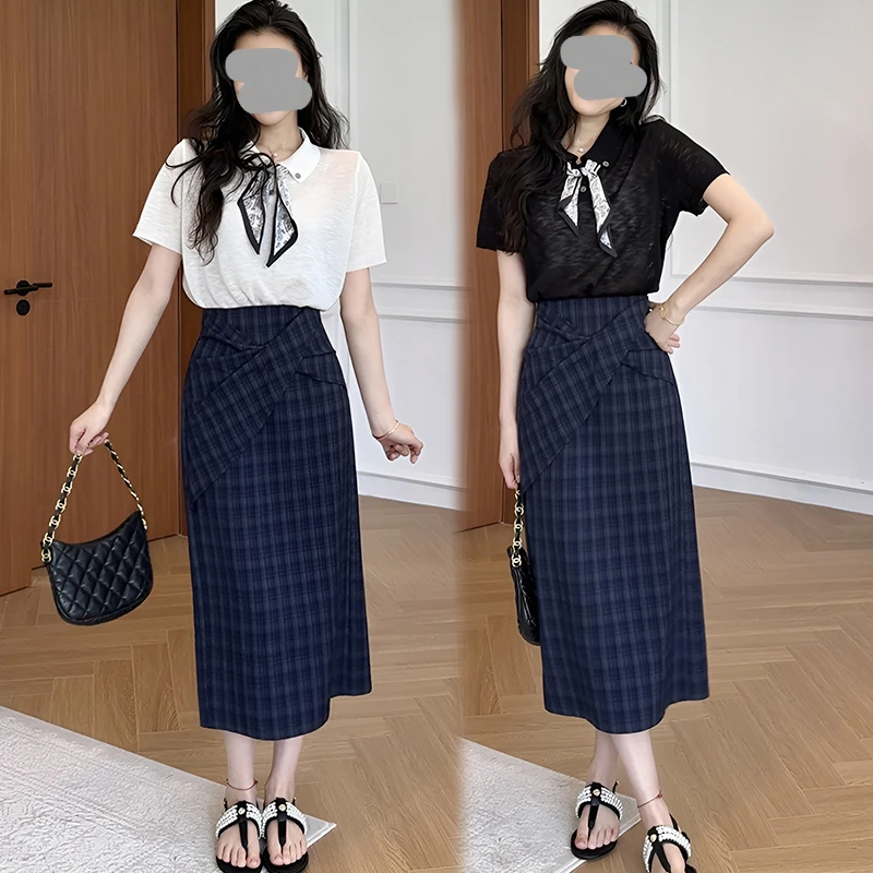 时尚潮流小众不规则设计格子半身裙气质上衣夏季新款显瘦气质套装