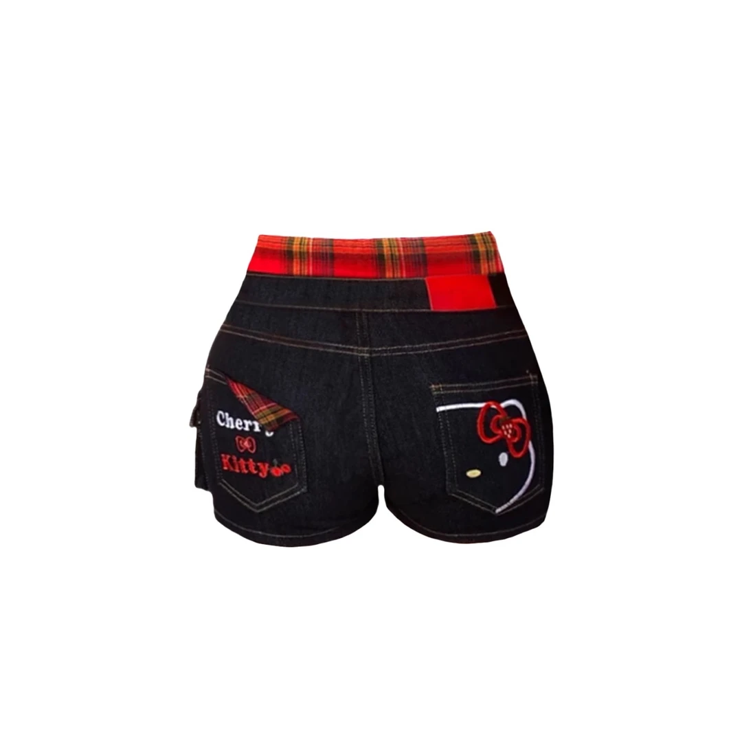 美式复古kitty猫咪辣妹牛仔短裤女夏季甜酷奶系格子刺绣包臀热裤
