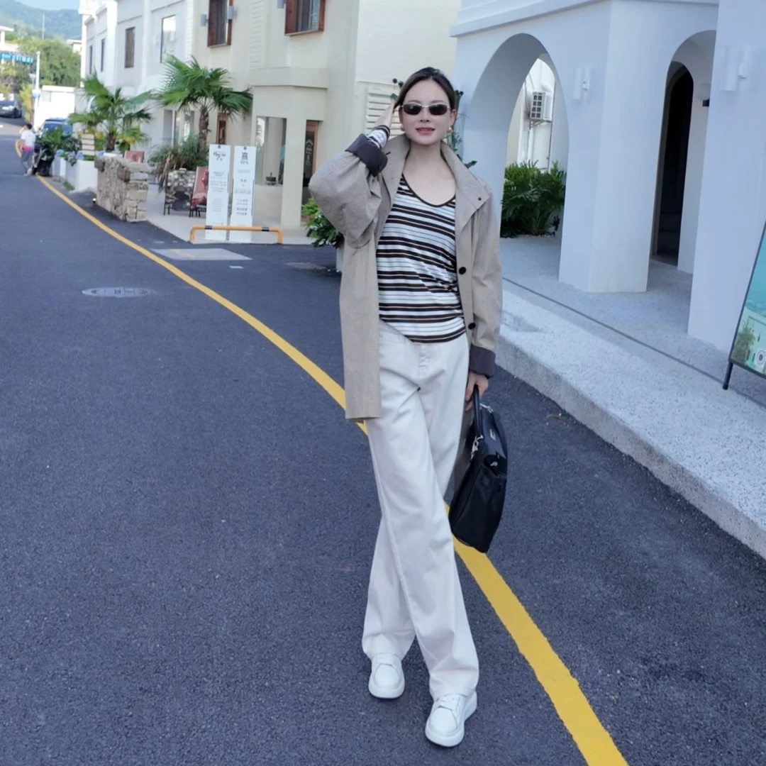 DJ【榛果拿铁】复古水洗做旧牛仔裤高腰显瘦直筒阔腿拖地裤