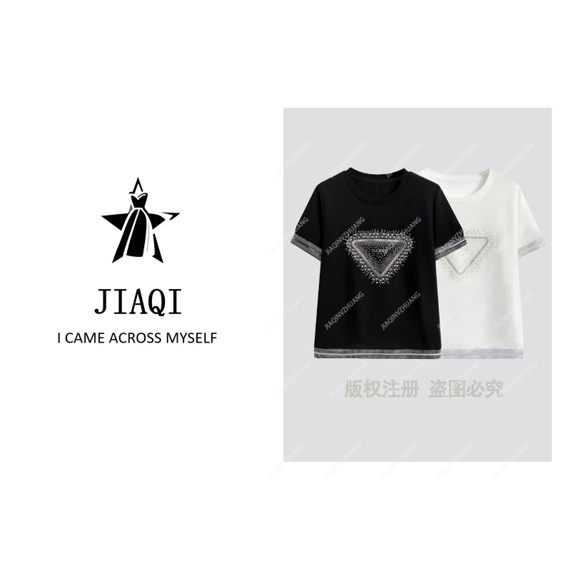 【佳琪高奢】68106#烫钻拼接T恤2025春夏休闲圆领潮流个性上衣