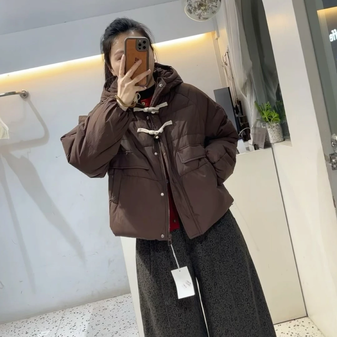 韩系简约木扣连帽保暖白鸭绒羽绒服3002